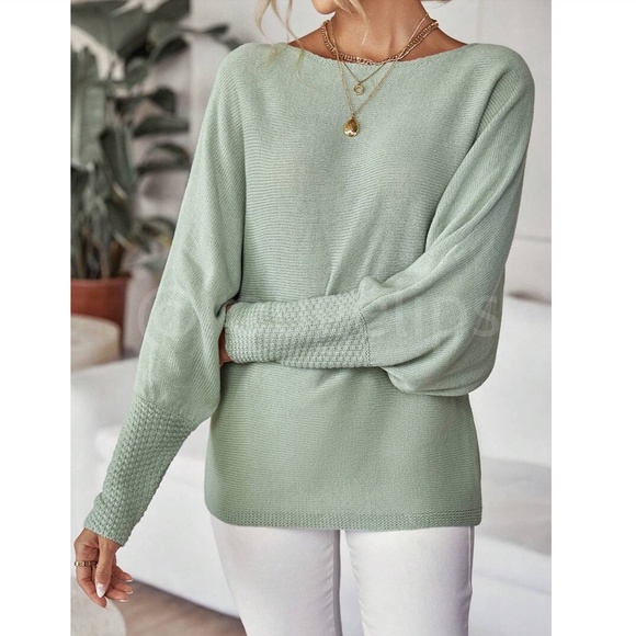 Mint Green Boat Neck Light Knit Sweater Batwing Sleeve Loose Fit, Stretchy - Picture 7 of 8